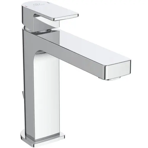 Waschtischarmatur aus Chrom von Ideal Standard mit einem flachen, rechteckigen Auslauf und einem Hebel zum Einstellen des Wasserdrucks und der Temperatur.